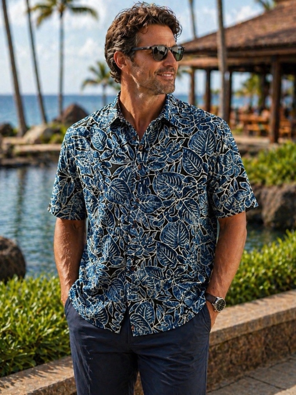 Aloha Republic Mens Hawaiian Shirt L Blue Tropical Floral Camp Made USA